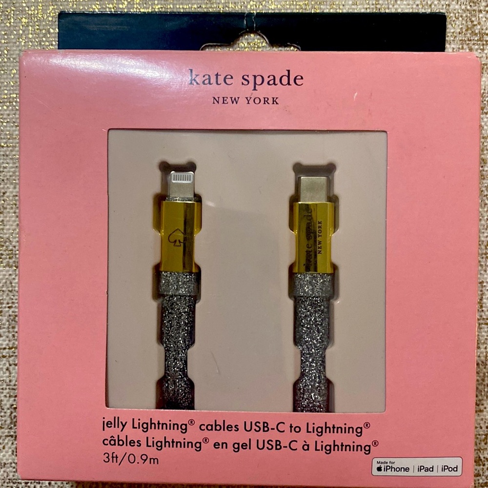 New in box Kate Spade black and silver glitter jelly lightning cables.